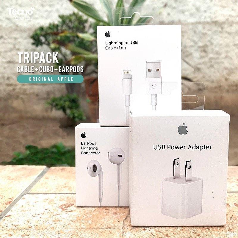 PACK x3: Cubo de carga + Cable lightning + Audífonos con cable lightning
