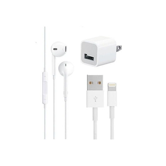 PACK x3: Cubo de carga + Cable lightning + Audífonos con cable lightning