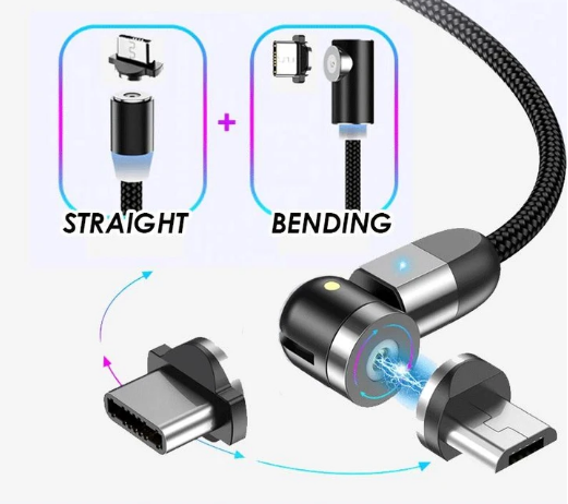 Cable Cargador Magnético 3 En 1 - USB-C, Micro USB, Lightning - Carga Rápida 3A, 180° Giratorio, 1m Y 2m